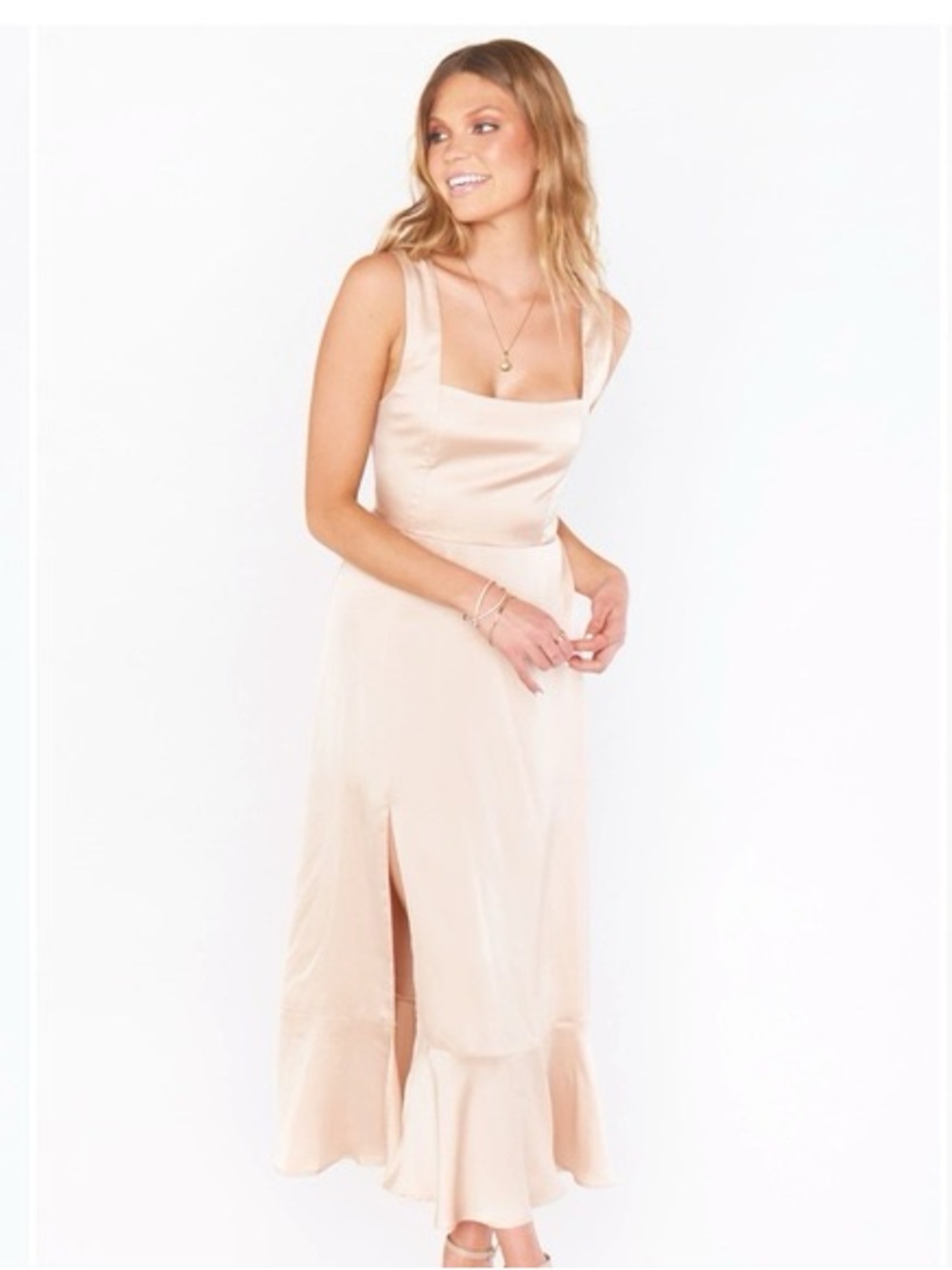 Satin Square Neck Midi Dress in Champagne
